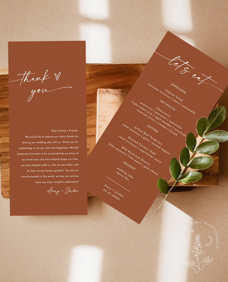 Minimalist Menu + Thank You Letter Template | Terracotta Wedding Napkin Note | Fall Wedding Thank You | Modern Place Setting Thank You | M9