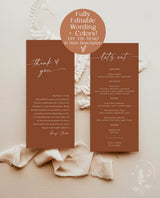 Minimalist Menu + Thank You Letter Template | Terracotta Wedding Napkin Note