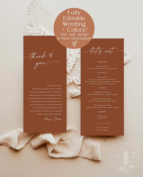 Minimalist Menu + Thank You Letter Template | Terracotta Wedding Napkin Note | Fall Wedding Thank You | Modern Place Setting Thank You | M9