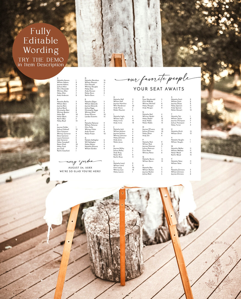 Minimalist Alphabetical Seating Chart Sign | Our Favorite People Seating Chart | Modern Wedding Seating Chart Poster | Editable Template M9