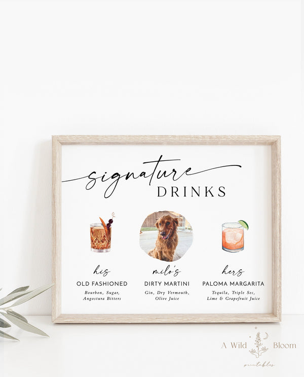 Signature Drinks Sign Template | Signature Cocktail Sign | Minimalist Wedding Bar Menu Sign | His and Hers Bar Sign | Pet Signature Drink M9