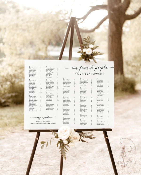 Minimalist Alphabetical Seating Chart Sign | Our Favorite People Seating Chart | Modern Wedding Seating Chart Poster | Editable Template M9