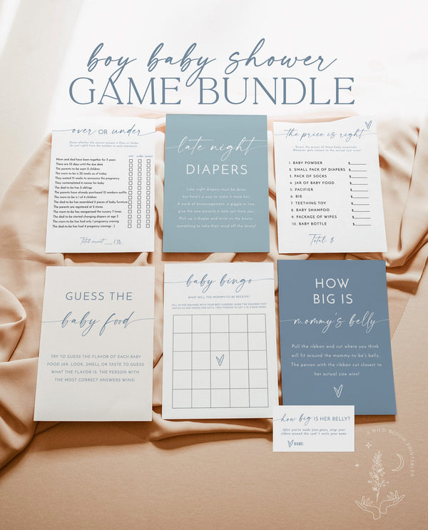 Baby Shower Games | Boy Baby Shower Game Bundle | Boho Minimalist Baby Shower | Blue Baby Shower Games | Editable Template | M9