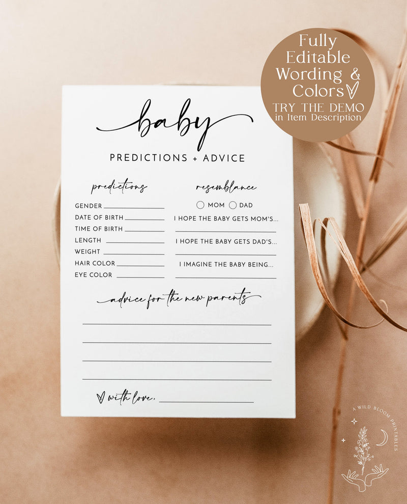 Minimalist Baby Predictions Card | Advice & Wishes for Parents Card | Baby Shower Games | Gender Neutral Baby Shower | Editable Template M5