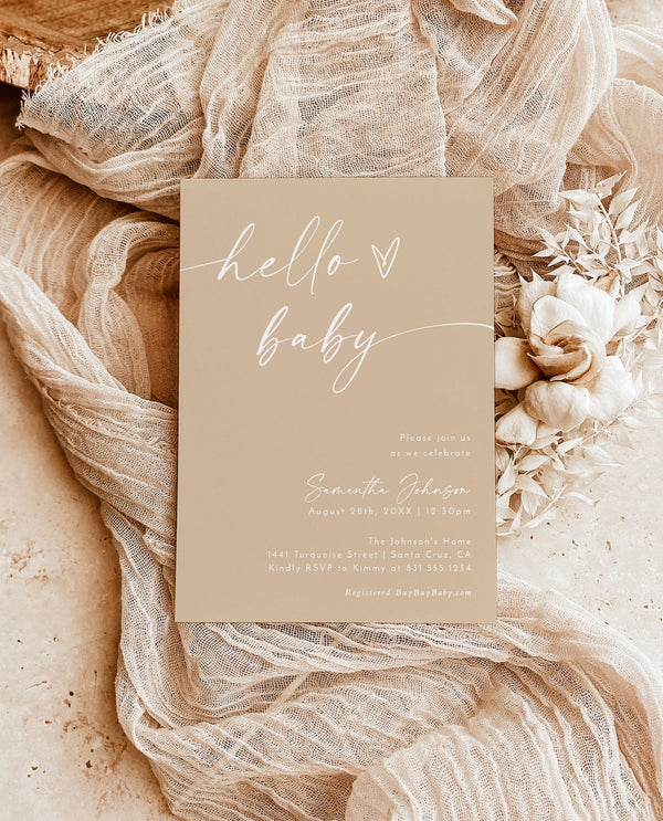 Minimalist Baby Shower Invitation | Gender Neutral Baby Shower | Hello Baby Invite | Modern Beige Baby Shower Invite | Editable Template M9