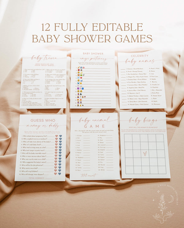 Boho Baby Shower Games | Dusty Blush Shower Bundle | Minimalist Pink Baby Shower | Modern Girl Baby Shower Games | Editable Template | M9