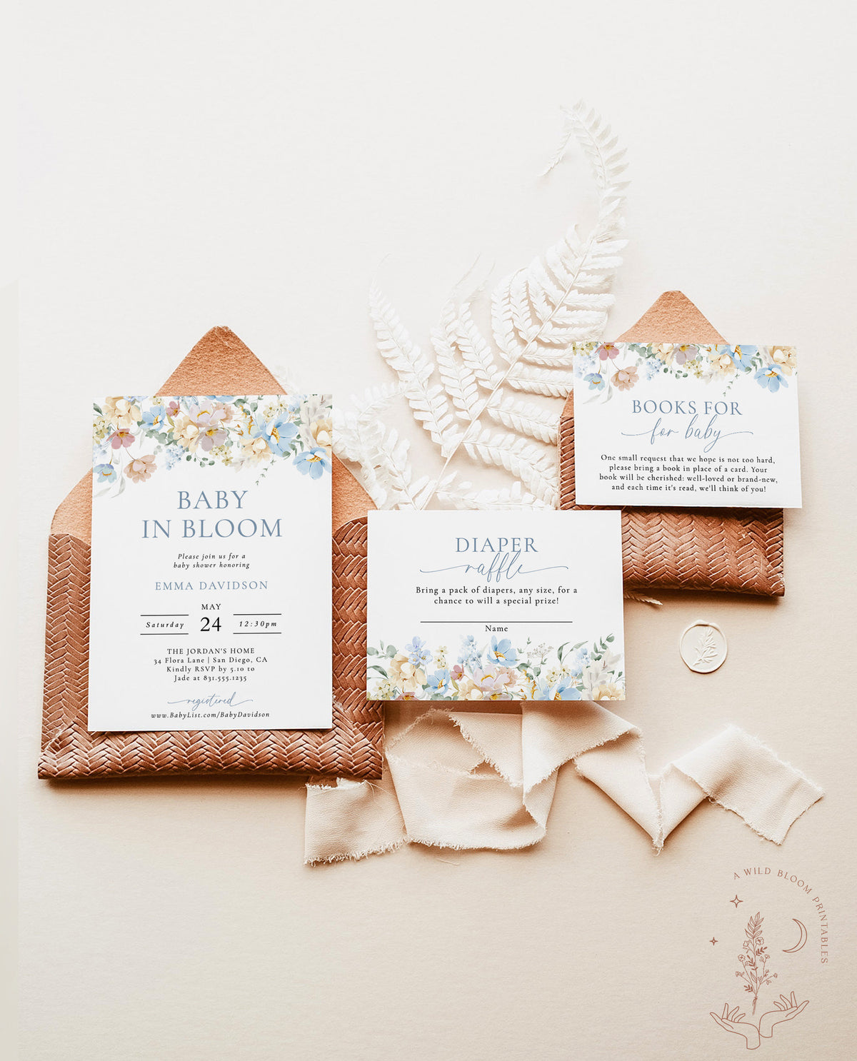 Baby in Bloom Baby Shower Invitation Template | Blue Floral Baby Shower