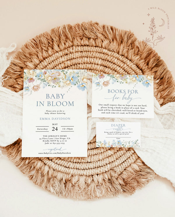 Baby in Bloom Baby Shower Invitation Template | Blue Floral Baby Shower | Boy Baby Shower | Wildflower Baby Shower Invite Bundle | W8