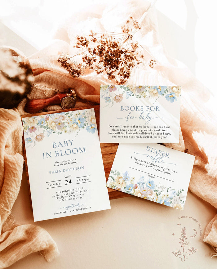Baby in Bloom Baby Shower Invitation Template | Blue Floral Baby Shower