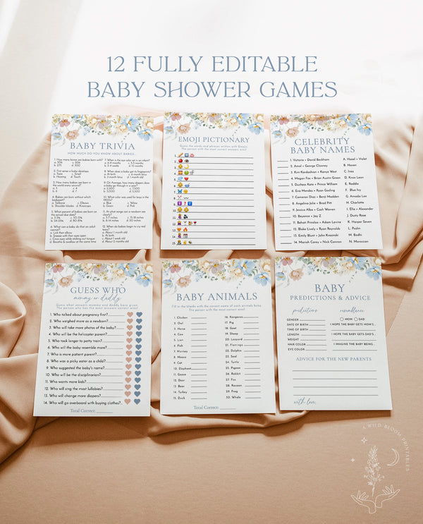Boho Baby Shower Games | Gender Neutral | Boy Baby Shower Bundle | Modern Floral Baby Shower | Blue Baby Shower Game | Editable Template W8