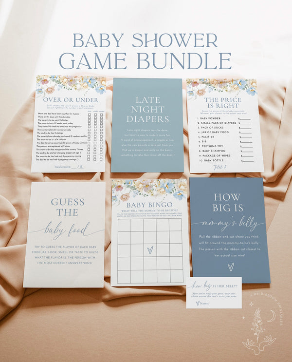 Boho Baby Shower Games | Gender Neutral | Boy Baby Shower Bundle | Modern Floral Baby Shower | Blue Baby Shower Game | Editable Template W8