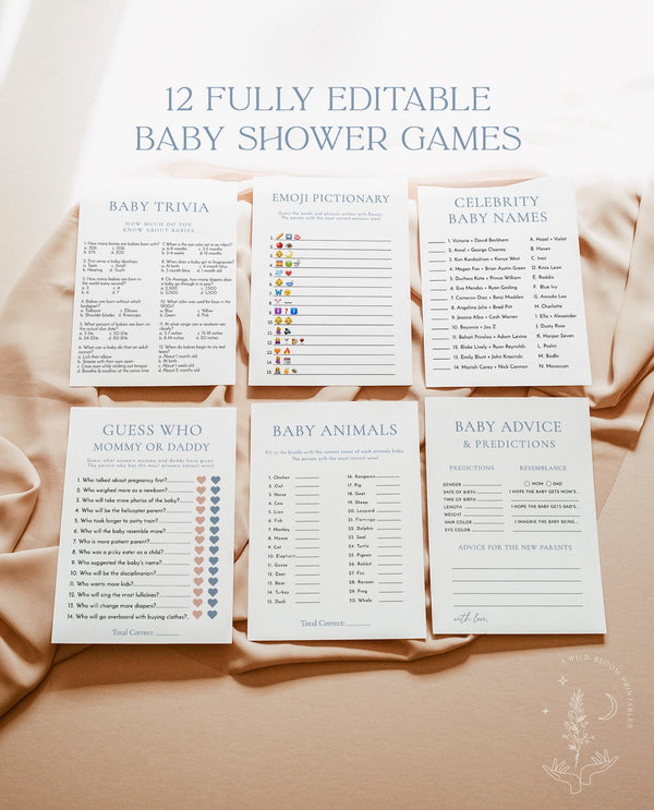 Boho Baby Shower Games | Boy Baby Shower Bundle | Minimalist Baby Shower | Blue Baby Shower Games | Editable Template | W8
