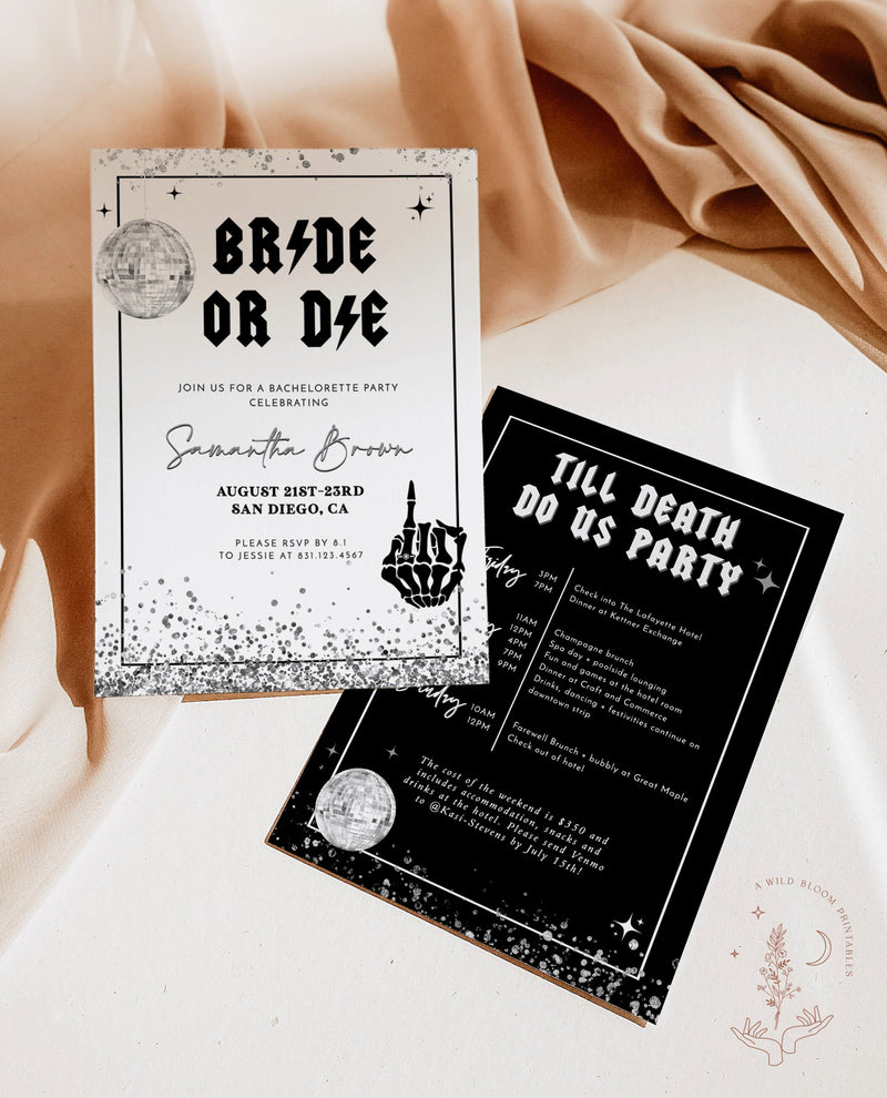 Bride or Die Bachelorette Invitation Template | Till Death Do Us Party Bachelorette | Skull Bachelorette | Halloween Bachelorette Party | B5