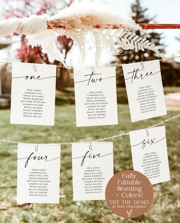 Table Seating Chart Template | Minimalist Wedding Seating Cards | Wedding Seating Chart | Modern Wedding Seat Cards | Editable Template | M9