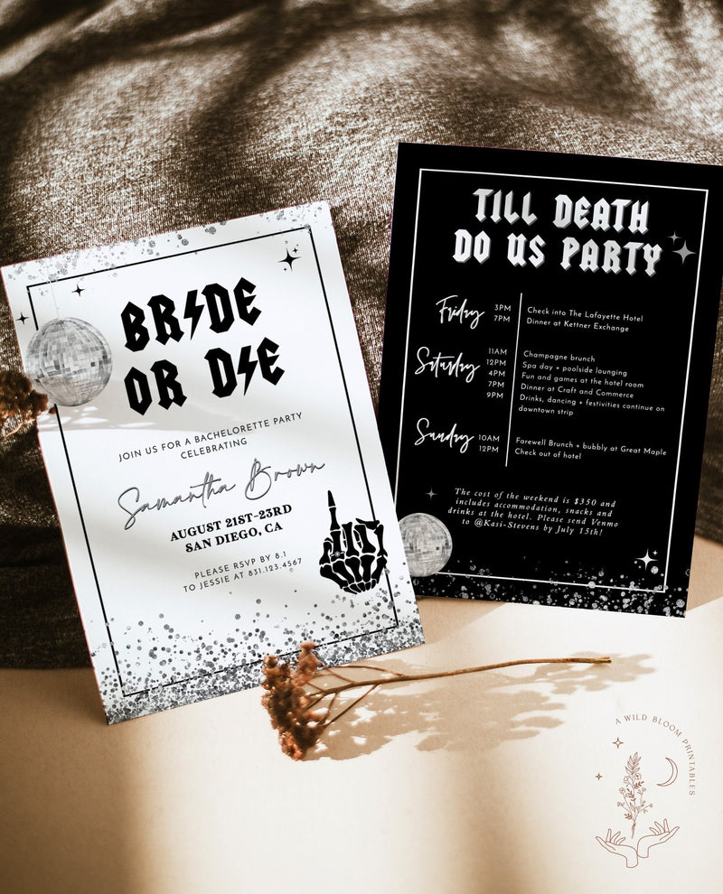 Bride or Die Bachelorette Invitation Template | Till Death Do Us Party Bachelorette | Skull Bachelorette | Halloween Bachelorette Party | B5