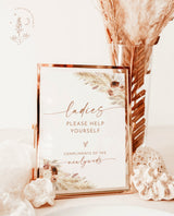 Boho Ladies Bathroom Sign Template | Pampas Grass Wedding Bathroom Basket Sign