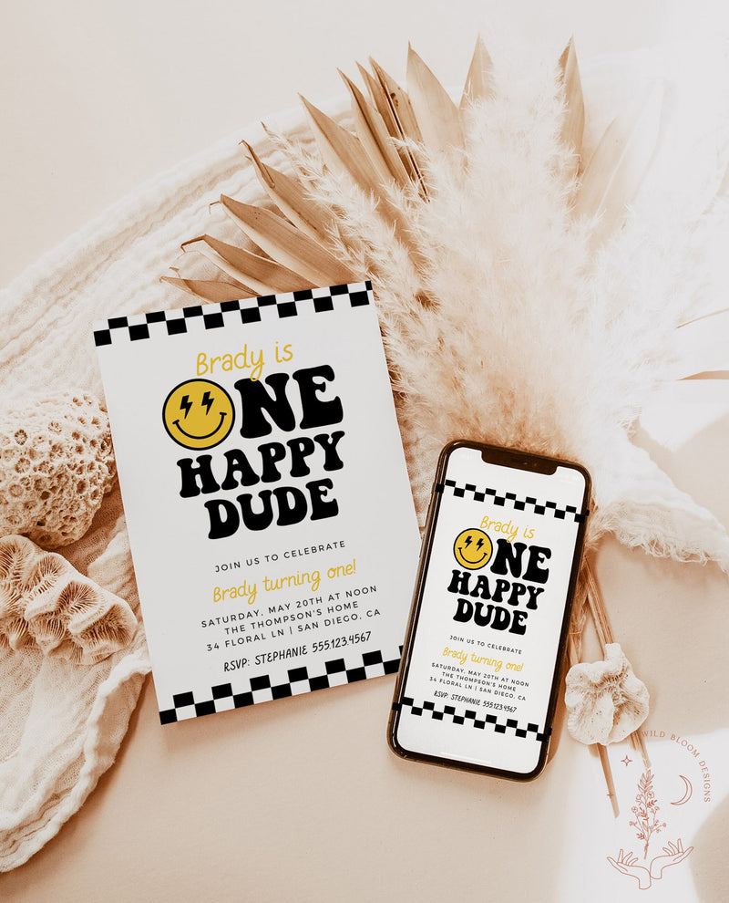One Happy Dude Birthday Invite Template | Smiley Face Birthday Invite | Boy 1st Birthday | Lightening Bolt Smiley | Editable Template | S4