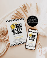 One Happy Dude Birthday Invite Template | Smiley Face Birthday Invite | Boy 1st Birthday | Lightening Bolt Smiley | Editable Template | S4