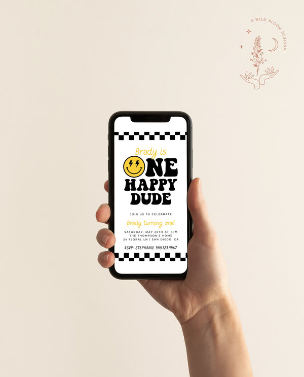 One Happy Dude 1st Birthday Evite Invitation | Smiley Face Birthday Invite | Boy 1st Birthday | Text Invitation | Editable Template | S4