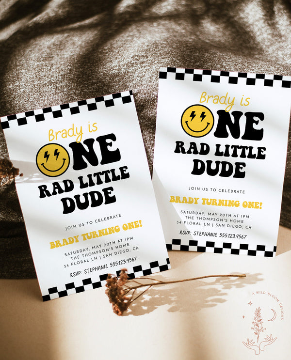 One Rad Dude Birthday Invite Template | Smiley Face Birthday Invite | Boy 1st Birthday | One Happy Dude Smiley | Editable Template | S4