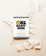 One Happy Dude Birthday Invite Template | Smiley Face Birthday Invite | Boy 1st Birthday | Lightening Bolt Smiley | Editable Template | S4