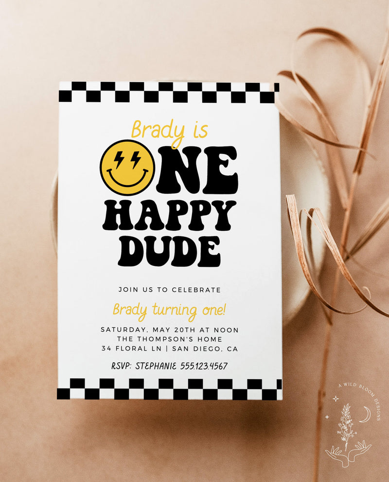 One Happy Dude Birthday Invite Template | Smiley Face Birthday Invite | Boy 1st Birthday | Lightening Bolt Smiley | Editable Template | S4