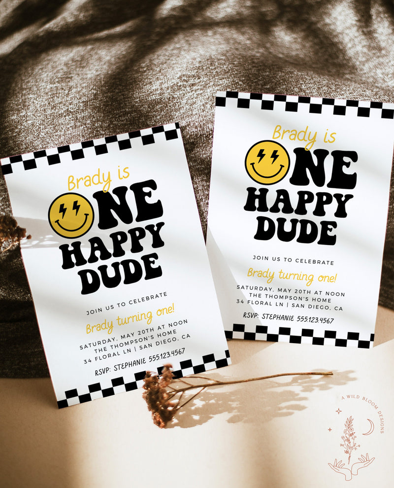 One Happy Dude Birthday Invite Template | Smiley Face Birthday Invite | Boy 1st Birthday | Lightening Bolt Smiley | Editable Template | S4