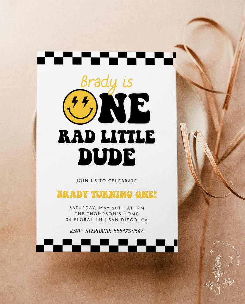 One Rad Dude Birthday Invite Template | Smiley Face Birthday Invite | Boy 1st Birthday | One Happy Dude First Bday | Editable Template | S4