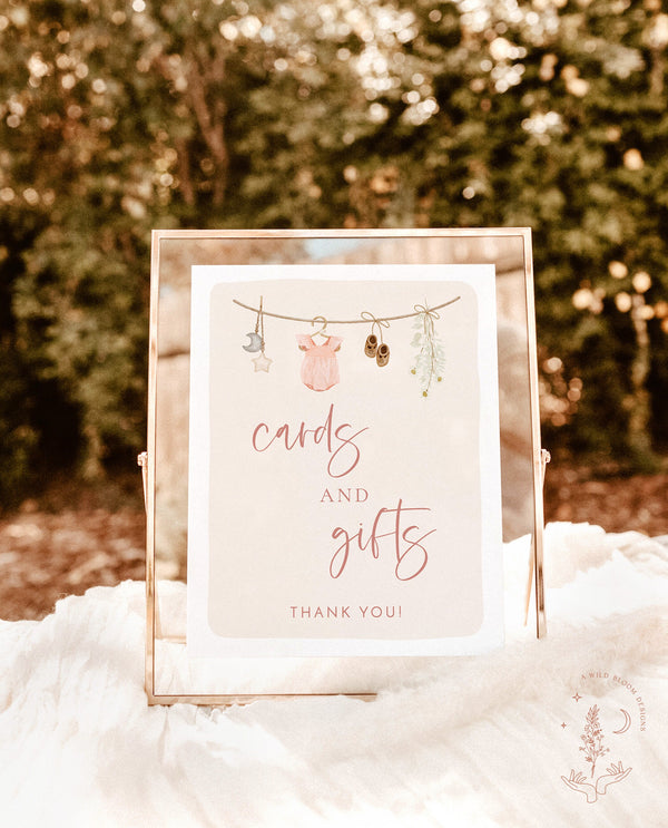 Cards and Gifts Sign Template | Boho Baby Shower Sign | Pink Girl Baby Shower Sign | Baby Shower Gift Sign | Editable Template | C2