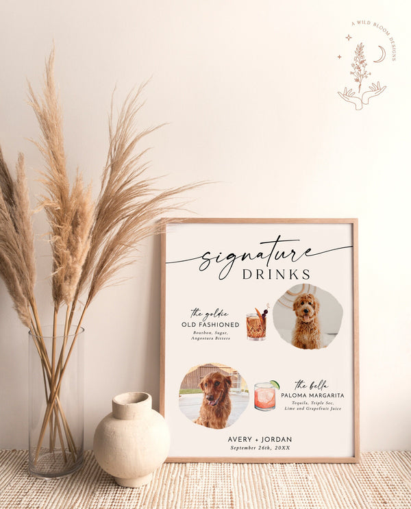 Signature Drinks Sign Template | Pet Signature Cocktail Sign | Minimalist Wedding Bar Menu | His and Hers Bar Sign | Editable Template | M9