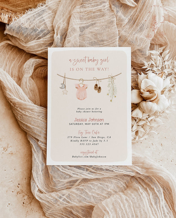 Girl Baby Shower Invitation | Baby Clothes Shower Invite | Boho Baby Girl Shower Invitation | Minimalist Baby Shower | Editable Template C2