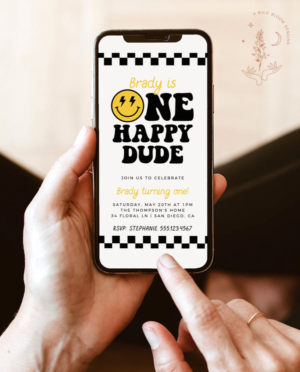 One Happy Dude 1st Birthday Evite Invitation | Smiley Face Birthday Invite | Boy 1st Birthday | Text Invitation | Editable Template | S4