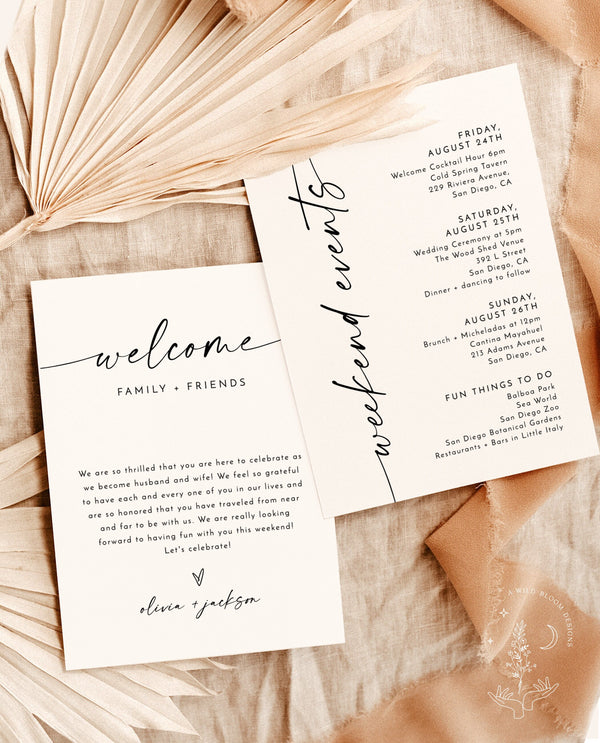 Minimalist Wedding Events Card | Modern Weekend Events | Wedding Itinerary | Welcome Bag | Wedding Timeline Schedule | Editable Template M9