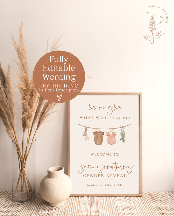 Modern Gender Reveal Welcome Sign | Beige Gender Reveal Poster | Gender Neutral Welcome Sign | Boho Welcome Sign | C2