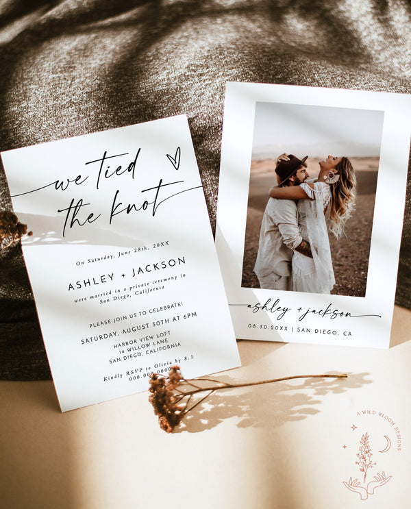 Elopement Announcement Template | Elopement Reception Invitation | Minimalist Wedding Elopement | We Tied The Knot Reception Invite | M9