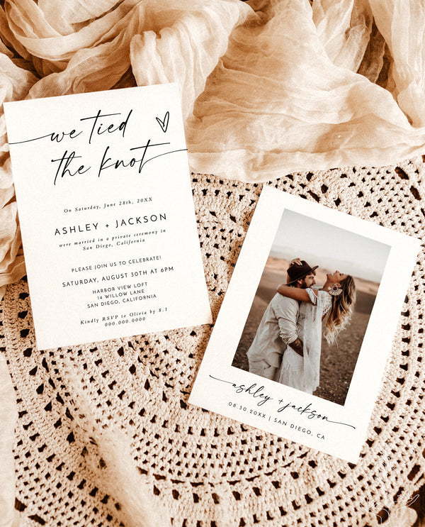 Elopement Announcement Template | Elopement Reception Invitation | Minimalist Wedding Elopement | We Tied The Knot Reception Invite | M9