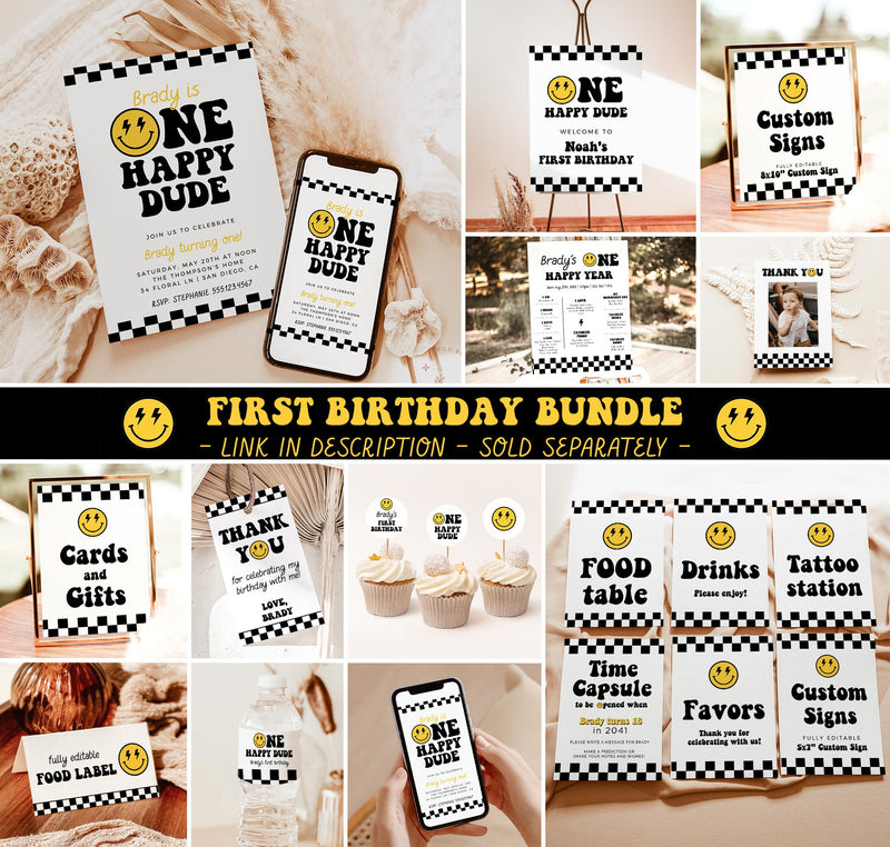 One Happy Dude Birthday Invite Template | Smiley Face Birthday Invite | Boy 1st Birthday | Lightening Bolt Smiley | Editable Template | S4