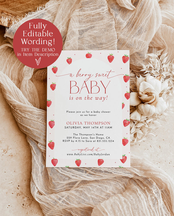 Strawberry Baby Shower Invitation Template | Girl Baby Shower | Berry Sweet Baby on the Way Invite | Gender Neutral | Editable Template | B7