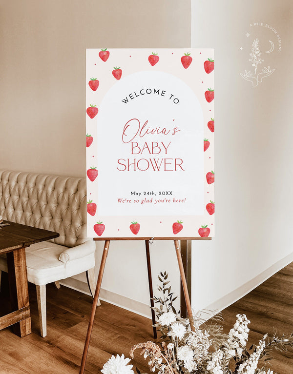 Strawberry Baby Shower Welcome Sign Berry Sweet Baby on the Way Girl Baby Shower Gender Neutral Welcome Sign Editable Template | B7