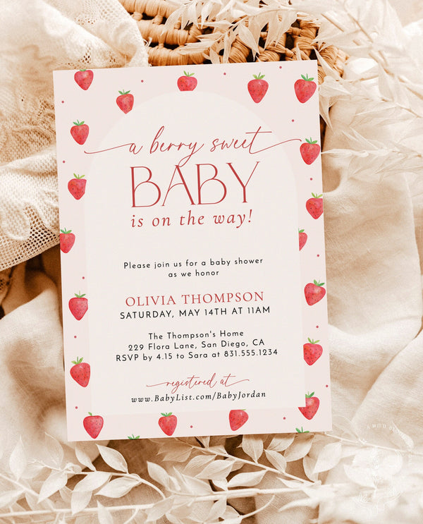 Strawberry Baby Shower Invitation Template | Girl Baby Shower | Berry Sweet Baby on the Way Invite | Gender Neutral | Editable Template | B7