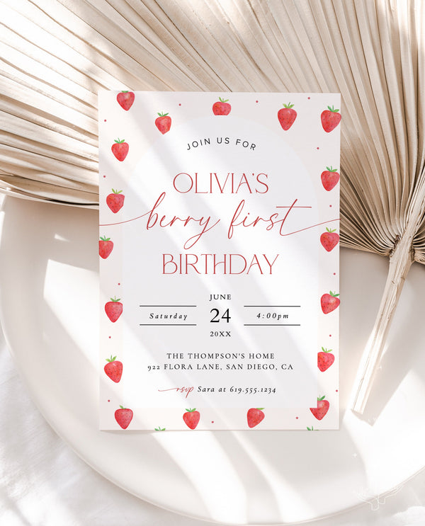 Strawberry 1st Birthday Invitation Template Girl Birthday Party Berry First Birthday Invite Editable Template Printable Invite Evite | B7