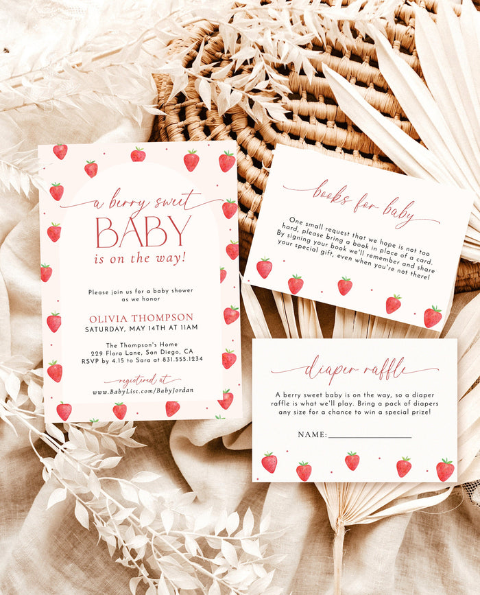 Strawberry Baby Shower Invitation Template | Berry Sweet Baby on the Way Invite