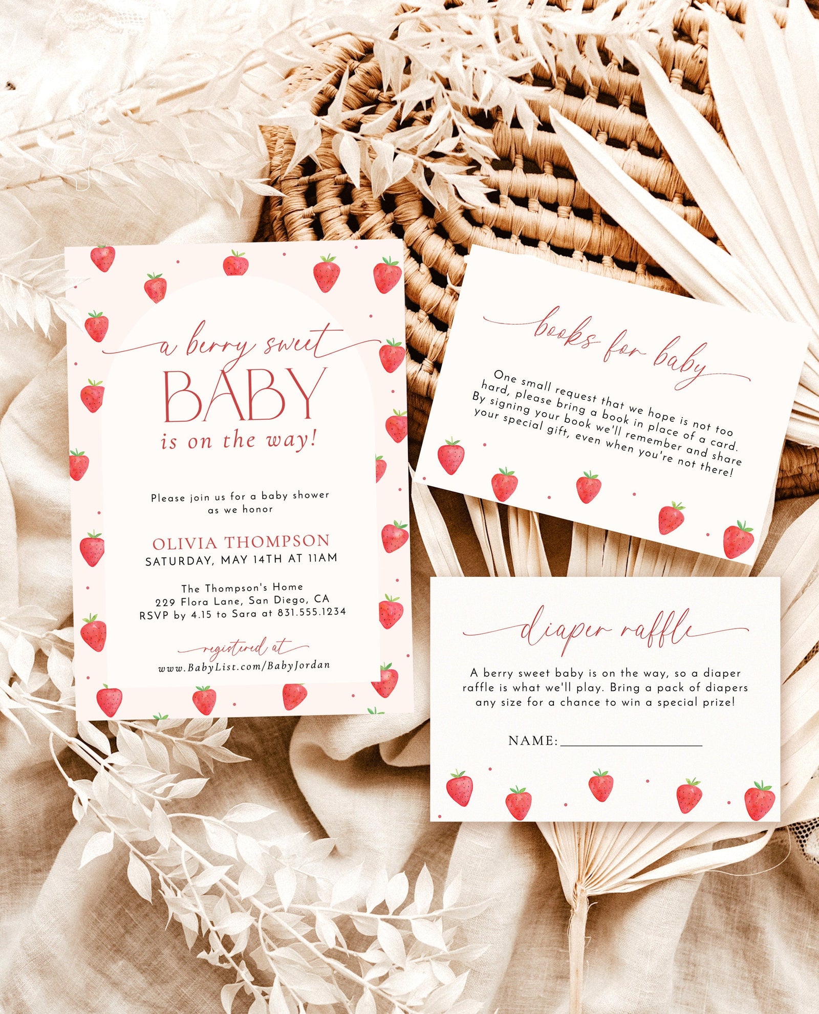 Strawberry Baby Shower Invitation Template | Berry Sweet Baby on the Way  Invite, image size:1600x1981