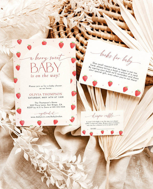 Strawberry Baby Shower Invitation Template | Berry Sweet Baby on the Way Invite | Girl Baby Shower | Gender Neutral | Editable Template | B7