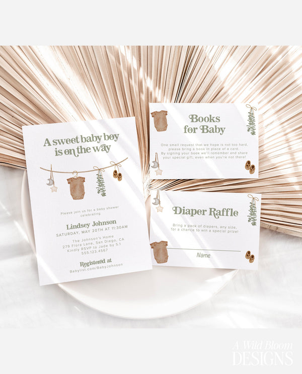 Boy Baby Shower Invitation Template | Sage Green Baby Invite | Gender Neutral | Baby Shower Bundle, Boho Baby Shower | Editable Template, C5