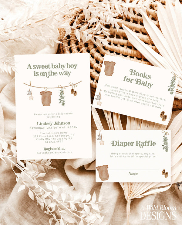 Boy Baby Shower Invitation Template | Sage Green Baby Invite | Gender Neutral | Baby Shower Bundle, Boho Baby Shower | Editable Template, C5