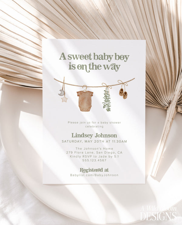 Boy Baby Shower Invitation Template | Boy Baby Shower | Sage Green Baby Shower Invite | Neutral Modern Minimalist Baby Shower Invite | C5