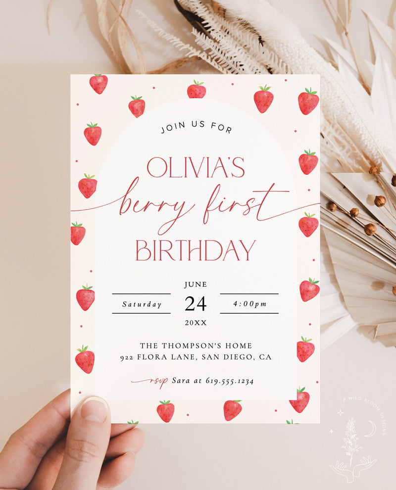 strawberry-1st-birthday-invitation-template-girl-birthday-party-berry-wild-bloom-design-studio for Free Printable First Birthday Invitation Templates Strawberry 1st Birthday Invitation Template Girl Birthday Party Berry – Wild Bloom Design Studio for Free Printable First Birthday Invitation Templates
