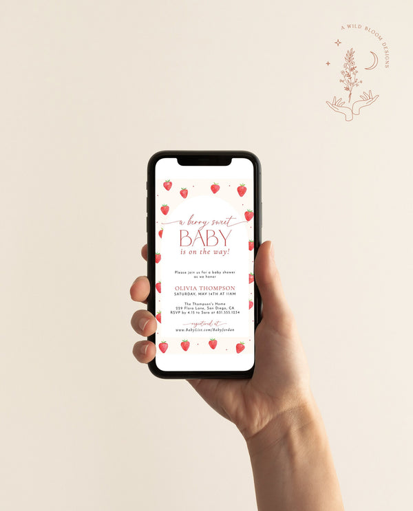 Strawberry Baby Shower Text Invite Girl Baby Shower Berry Sweet Baby on the Way Invite Strawberry Summer Baby Shower Editable Template | B7