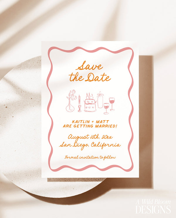 Save the Date Template | Wavy Hand Drawn Save the Date | Retro Save the Date | Modern Colorful Save the Date Cards | Editable Template, H1